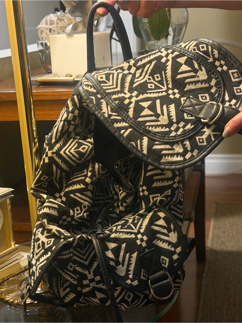 Black & Cream Geometric Canvas Backpack